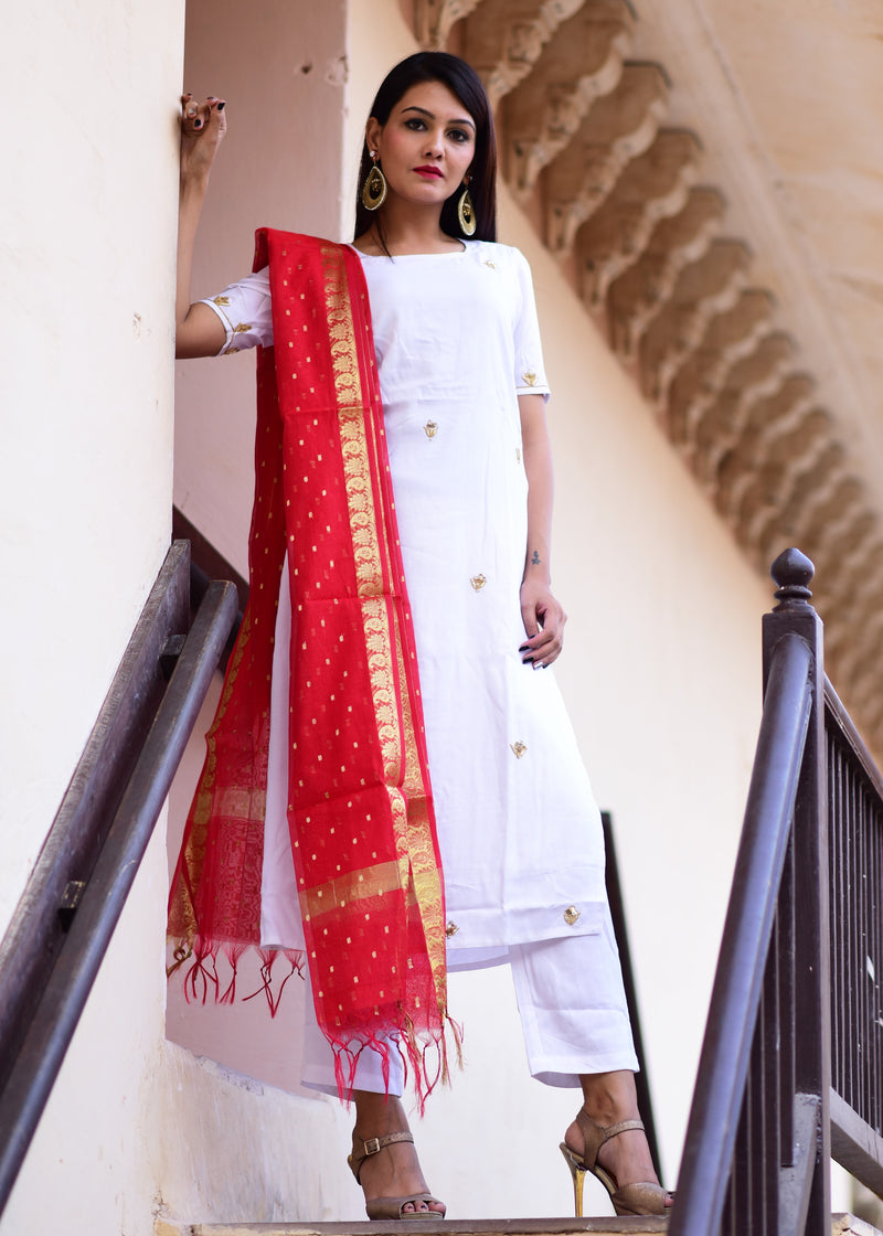 White Straight kurta And Pant dress with Beautiful Red dupatta