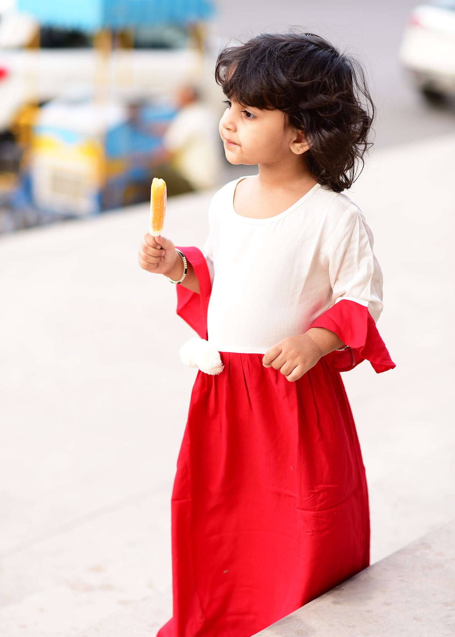 Beautiful White Red Dress With PomPom