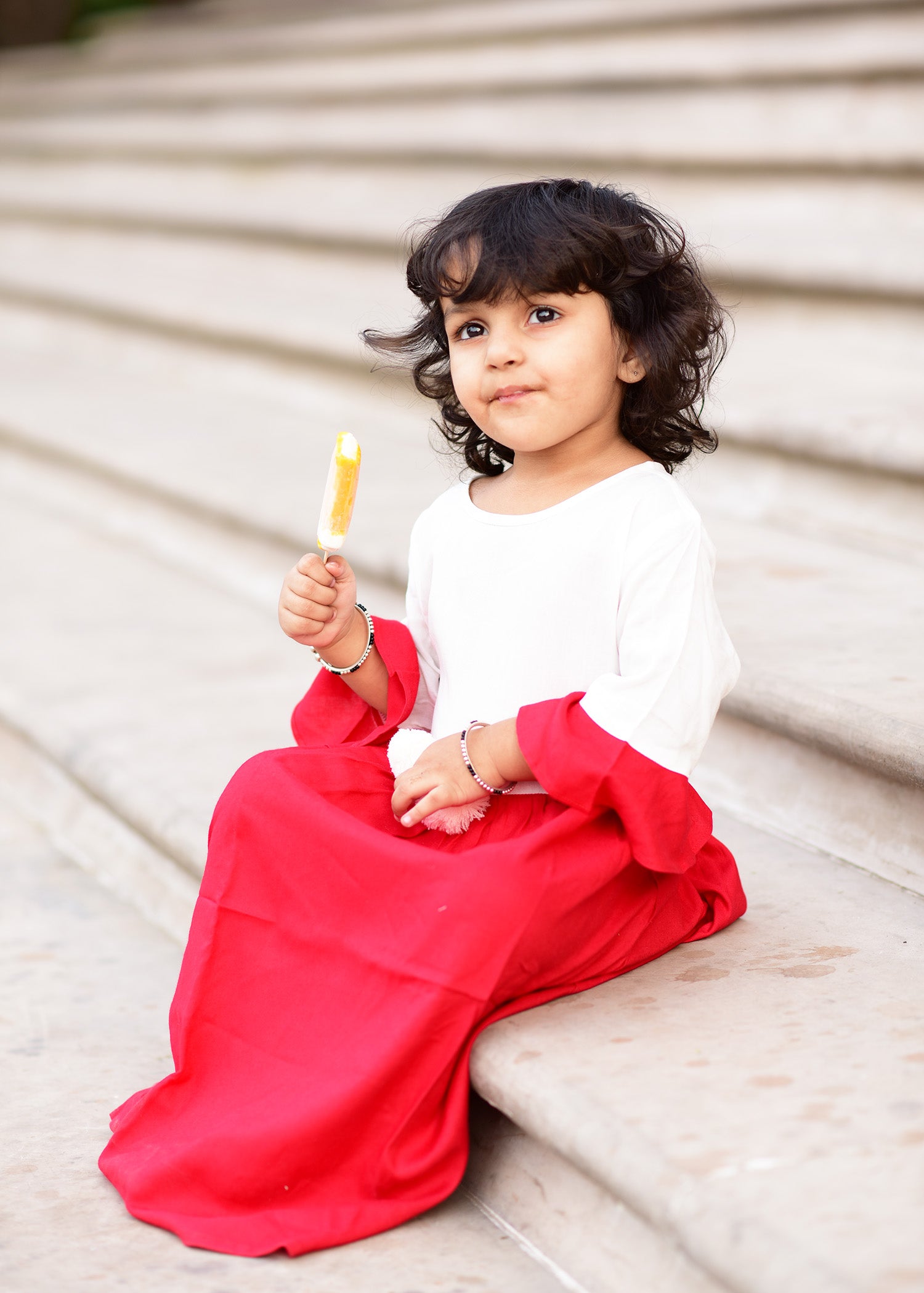 Beautiful White Red Dress With PomPom