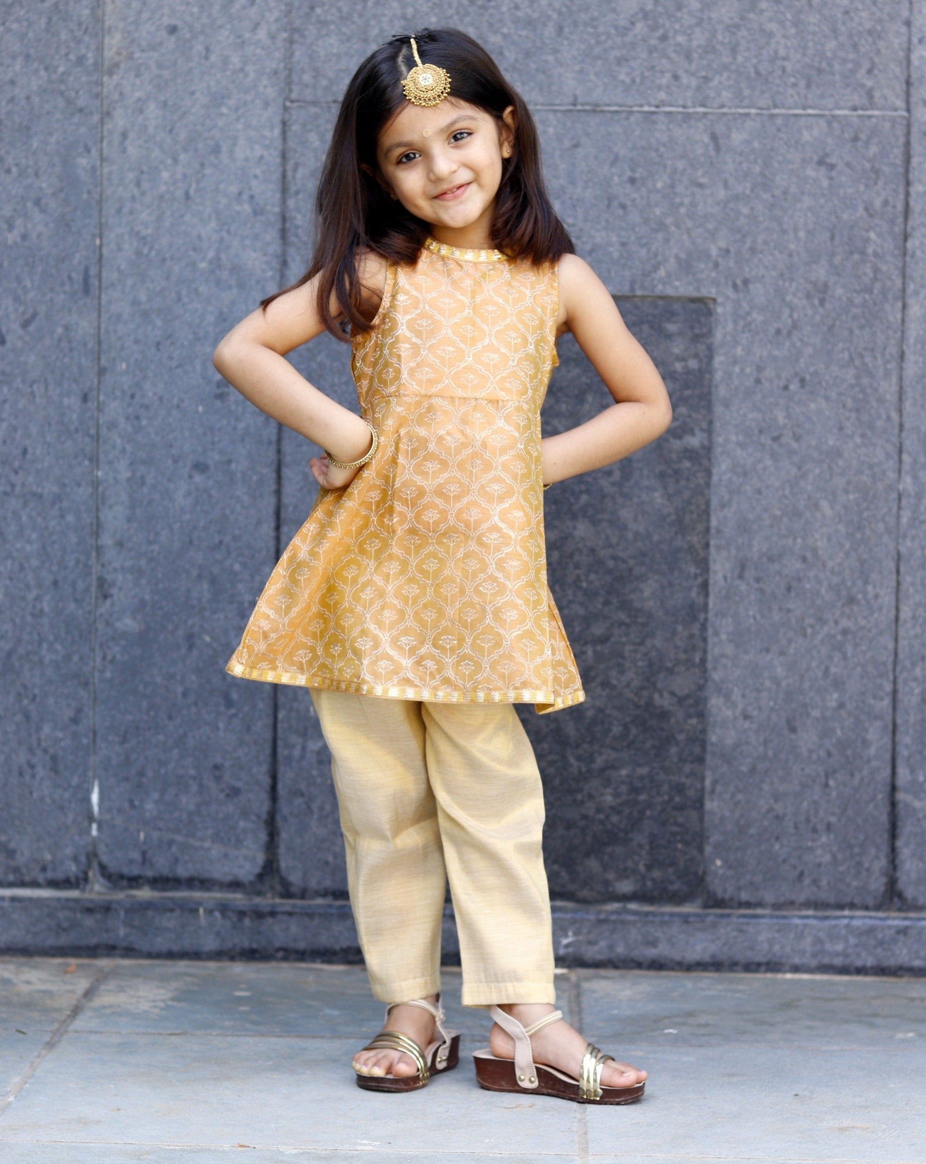 Shiny Golden Kurta Set – Thread & Button