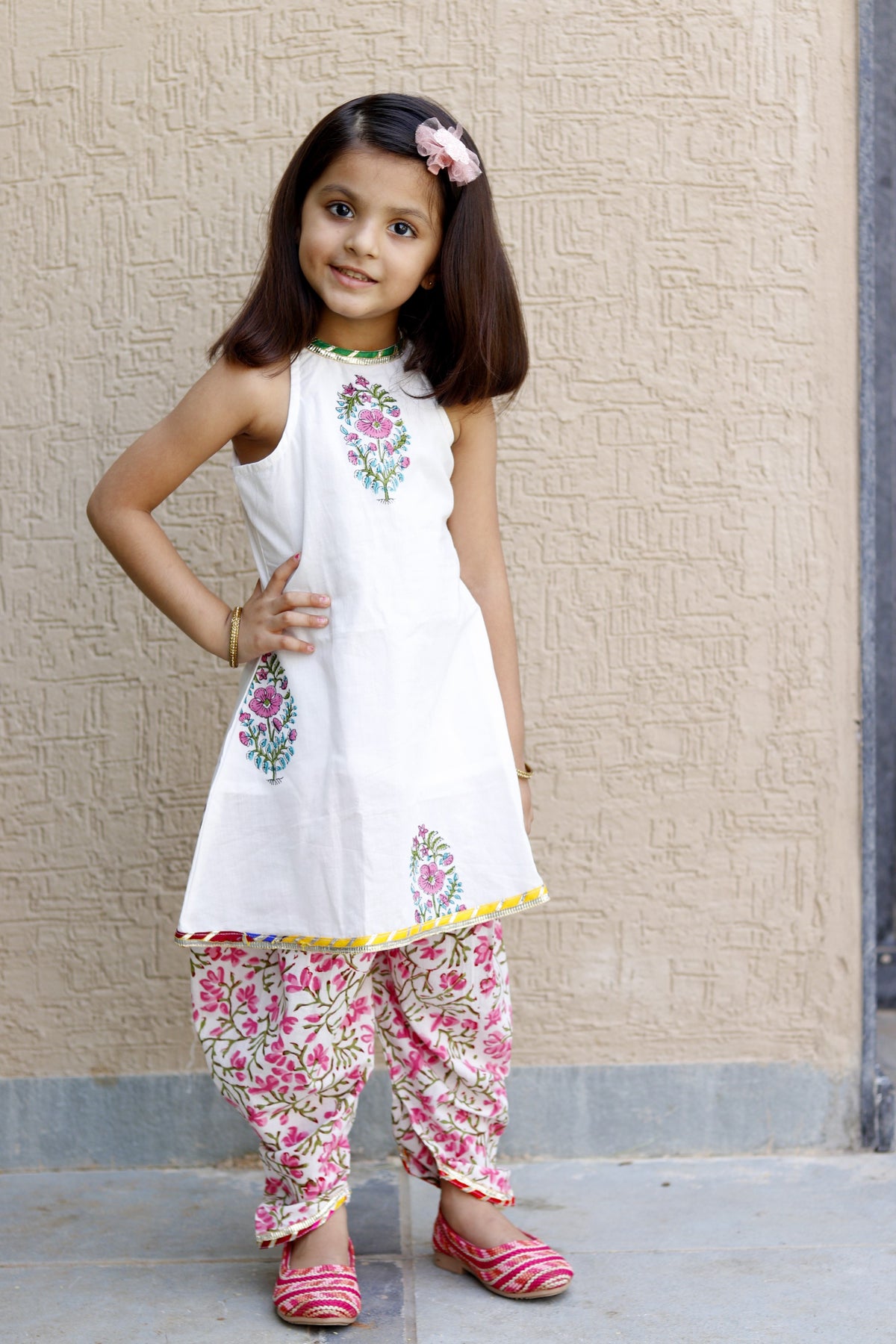 White butta pink dhoti set