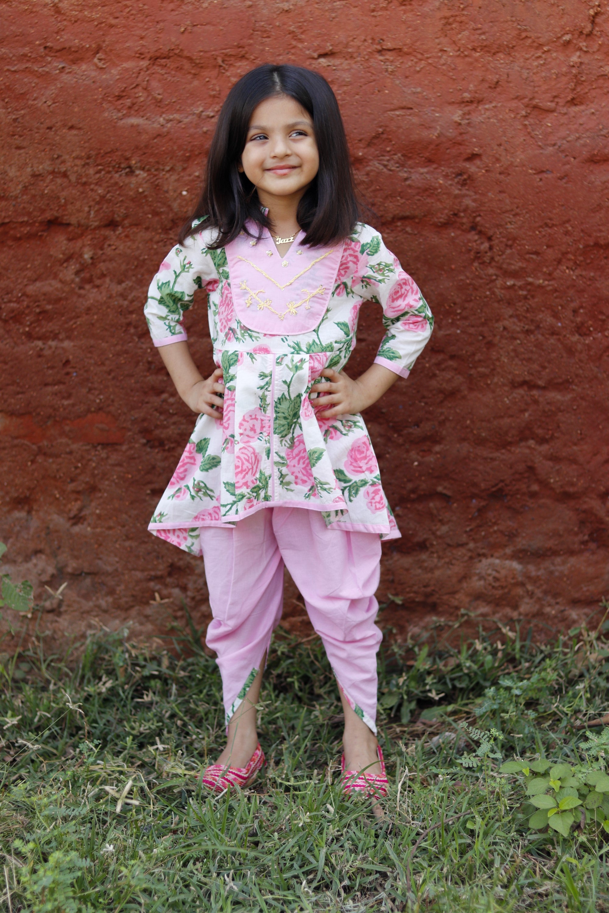 Pink floral dhoti kurta set