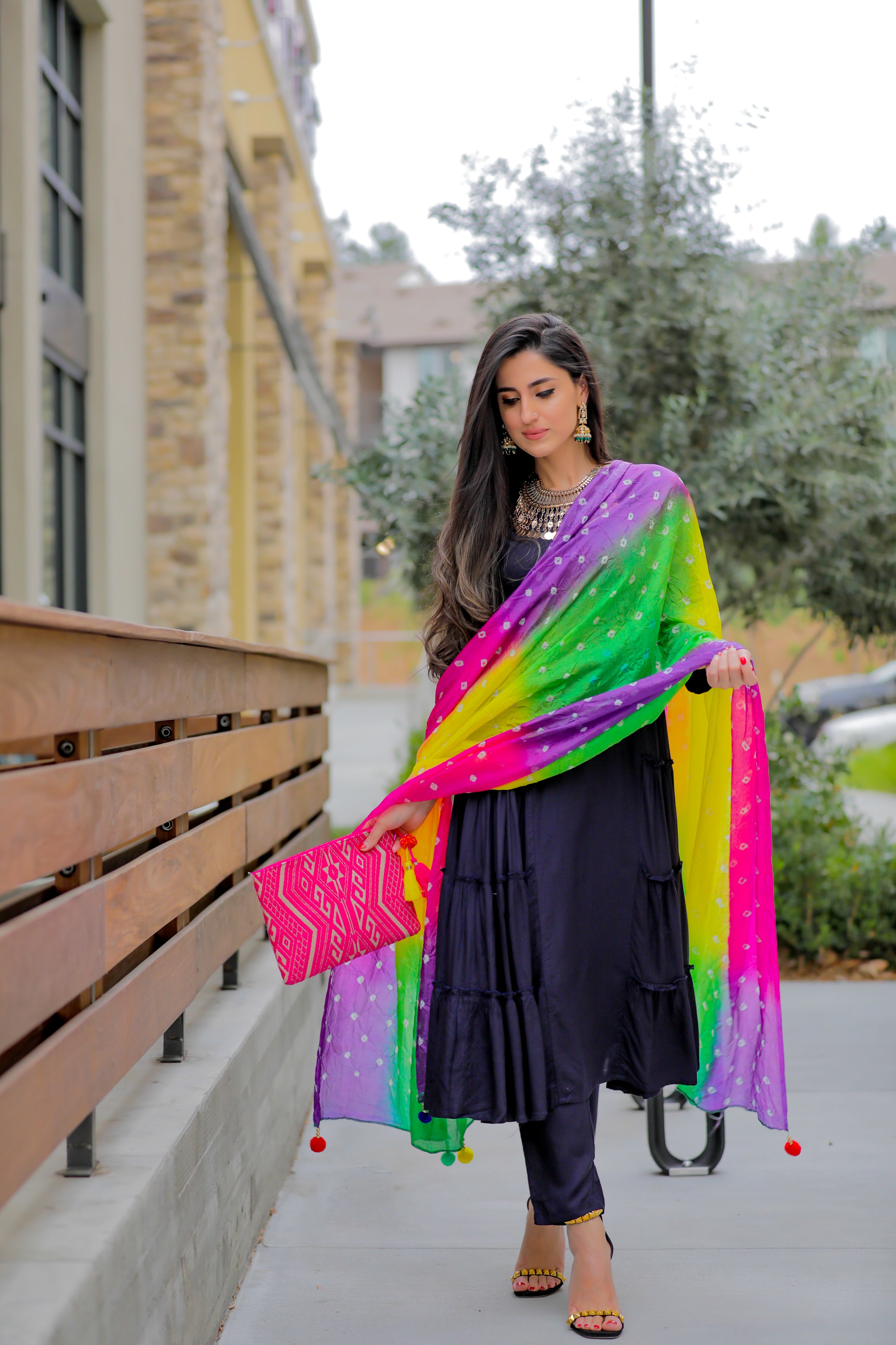 Jade Blue Suit Set With Multicoloured Dupatta