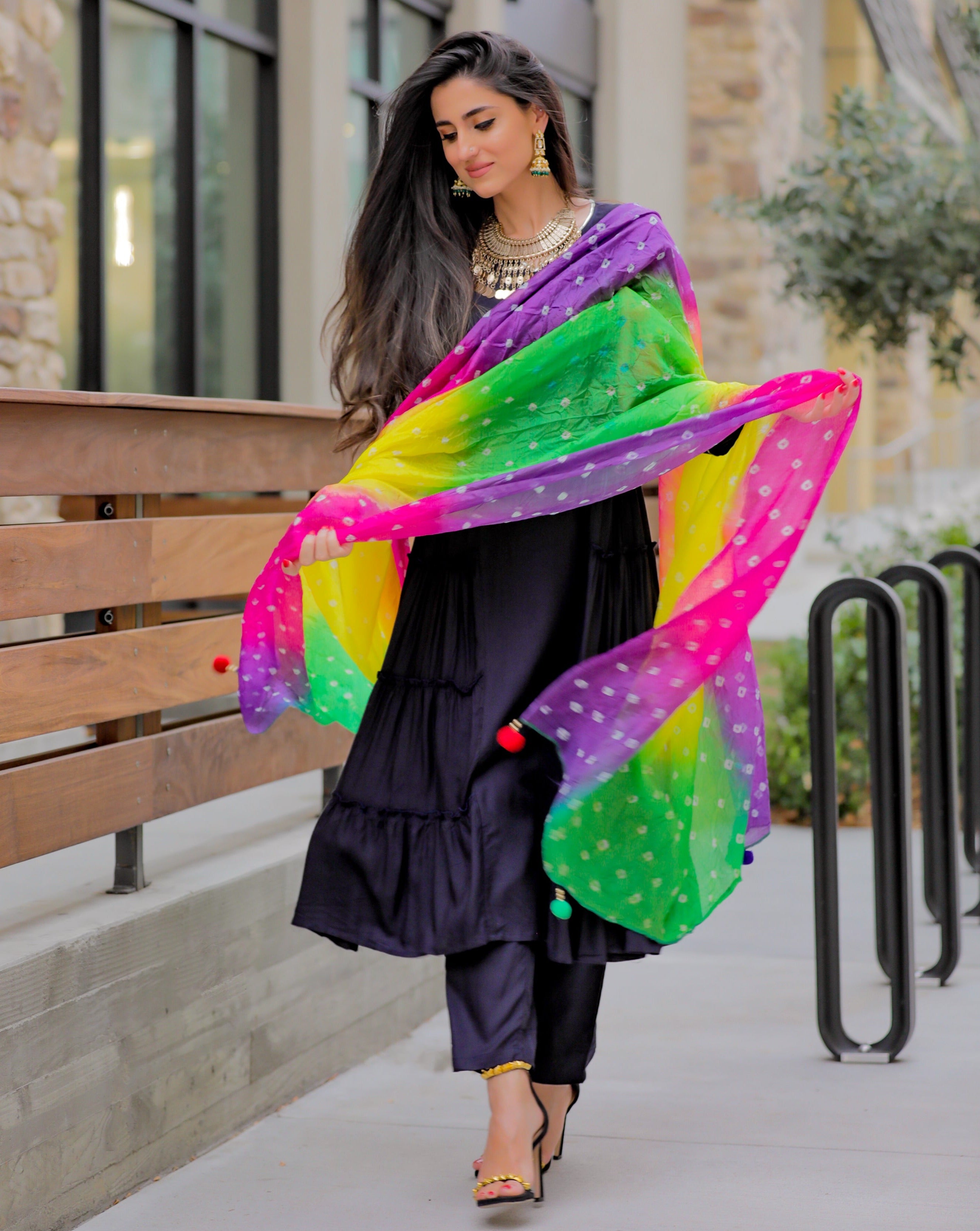 Jade Blue Suit Set With Multicoloured Dupatta