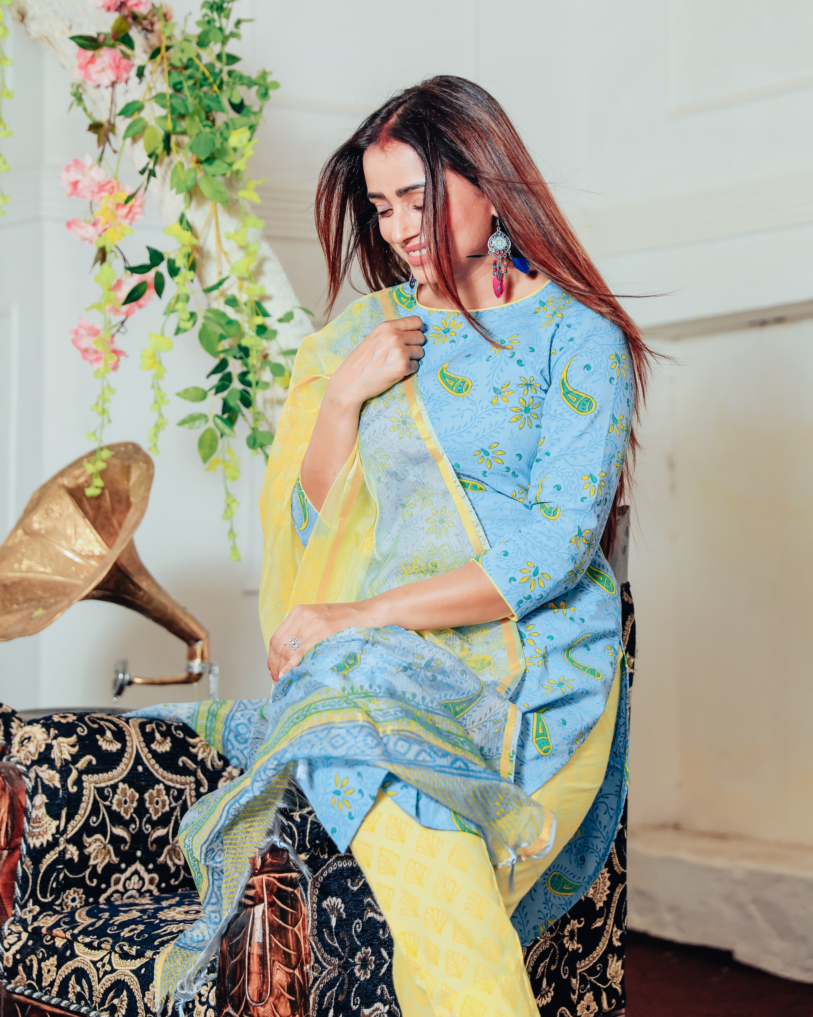 Teal Blue Handblock Suit With Dupatta