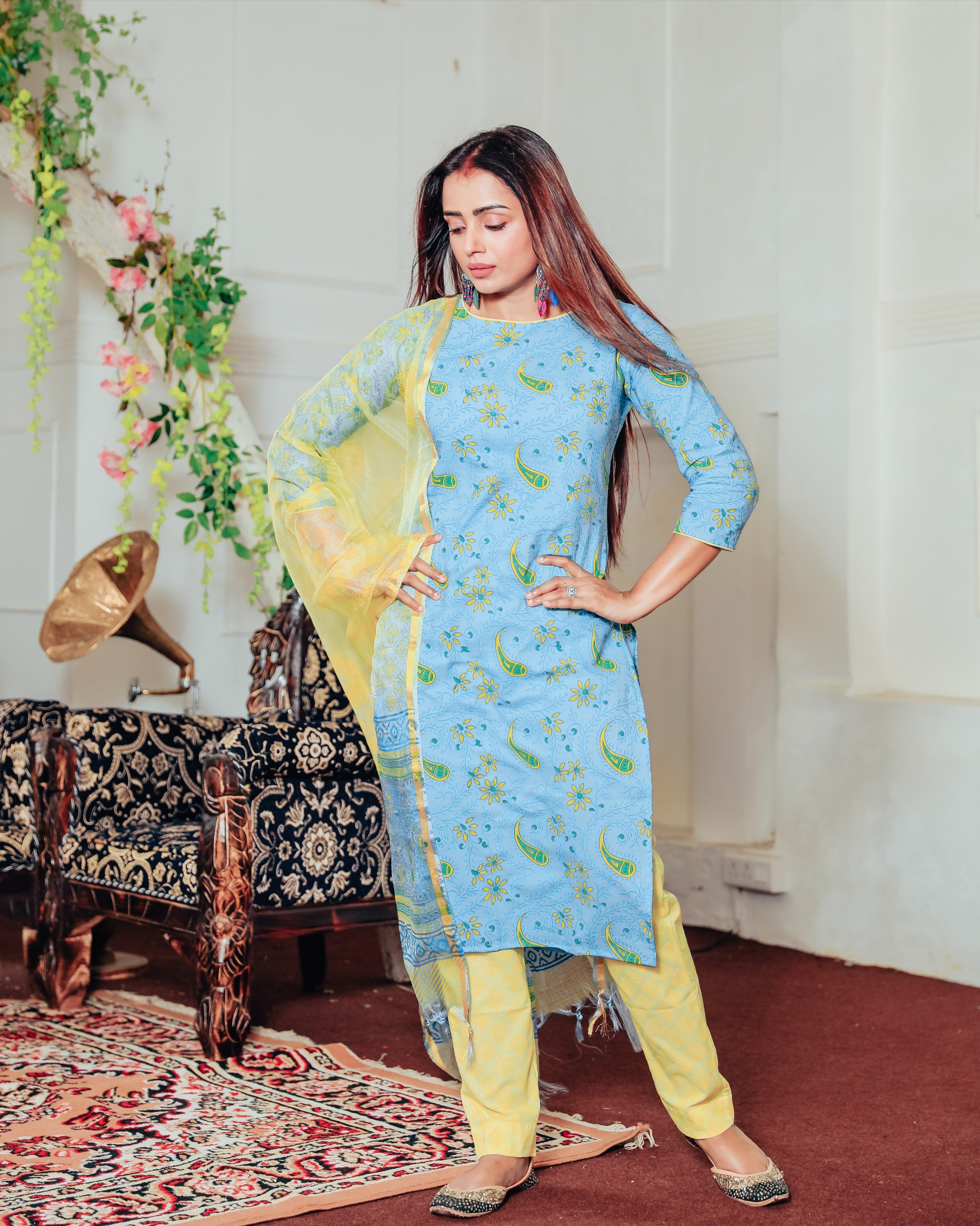 Teal Blue Handblock Suit With Dupatta