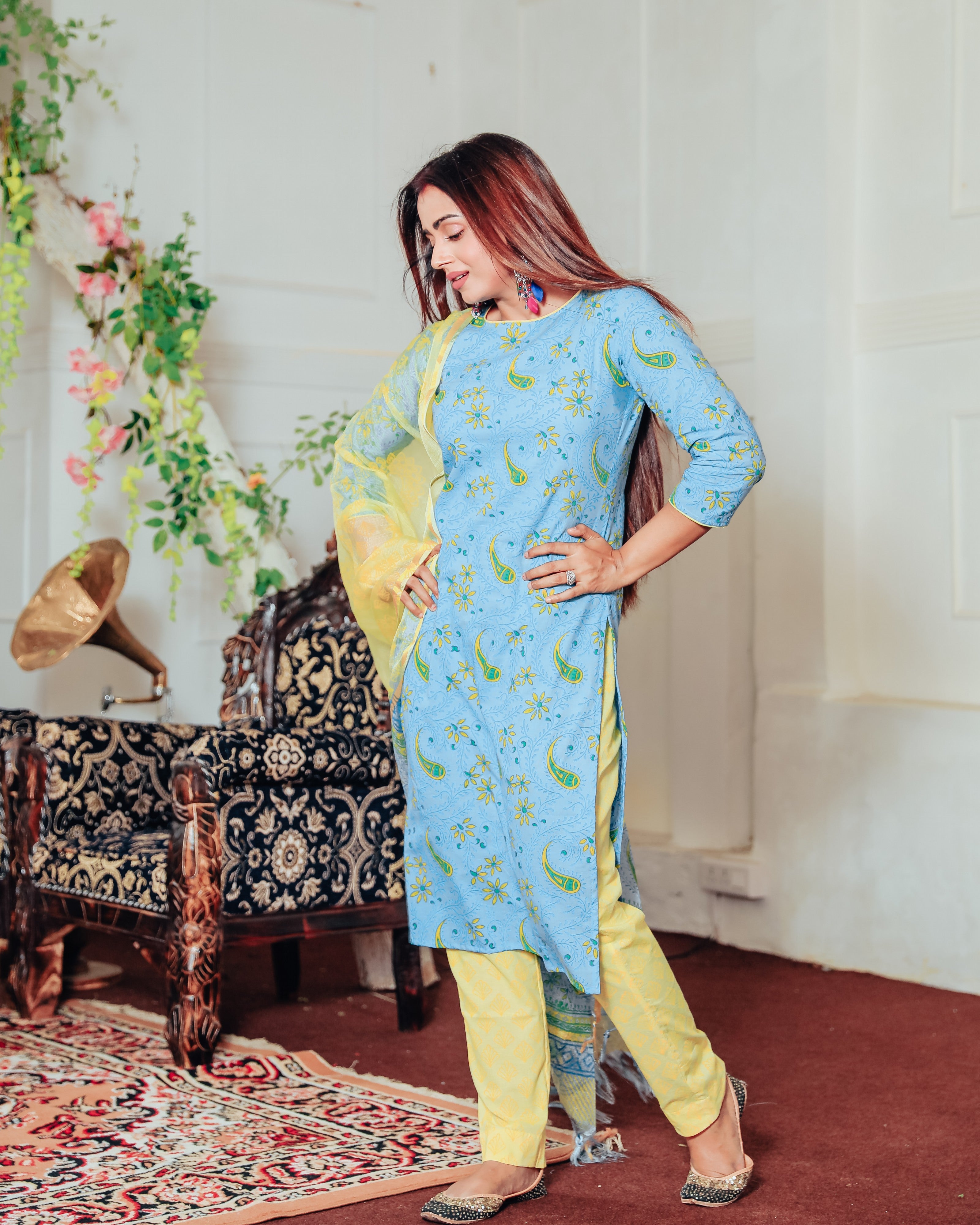 Teal Blue Handblock Suit With Dupatta