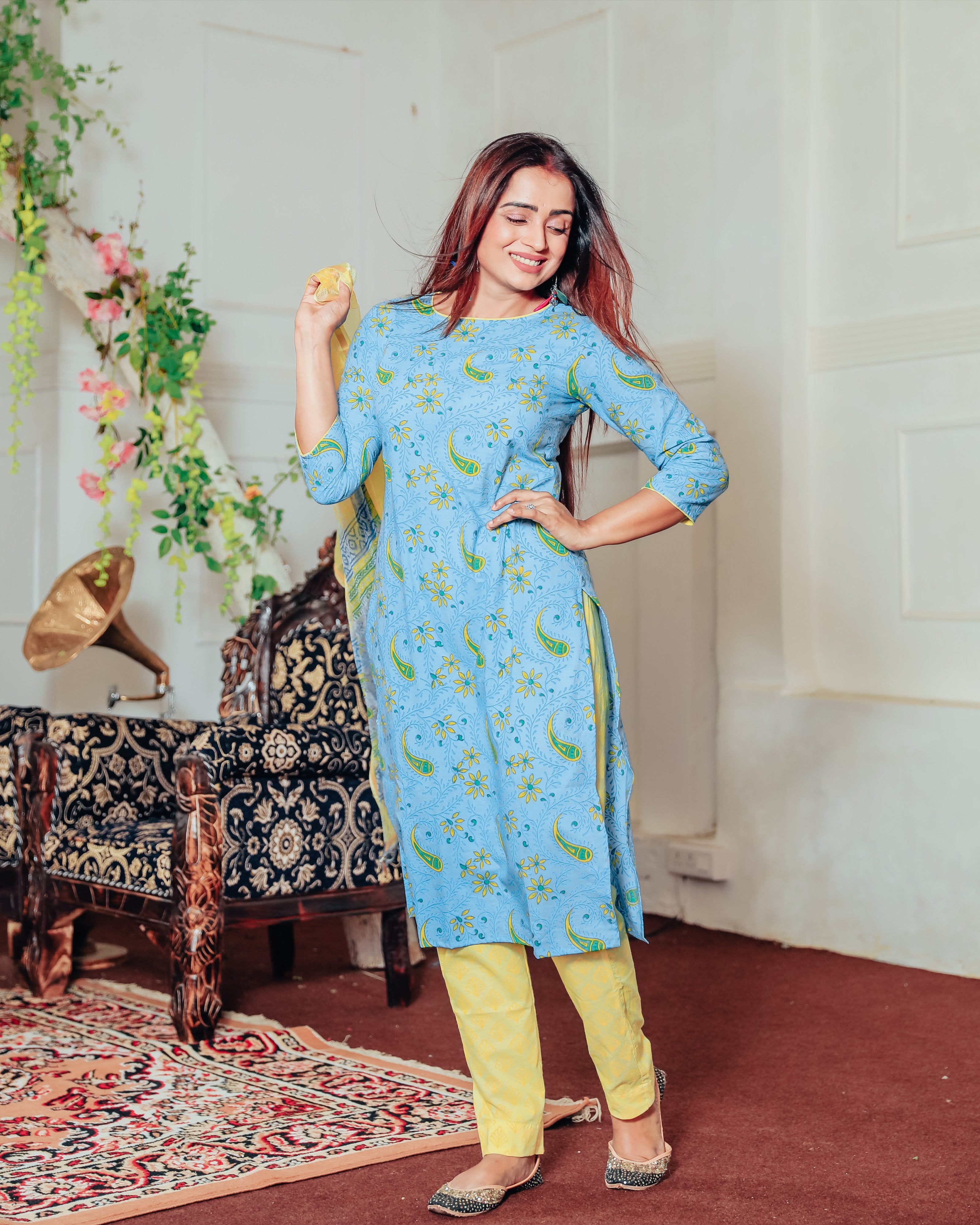 Teal Blue Handblock Suit With Dupatta