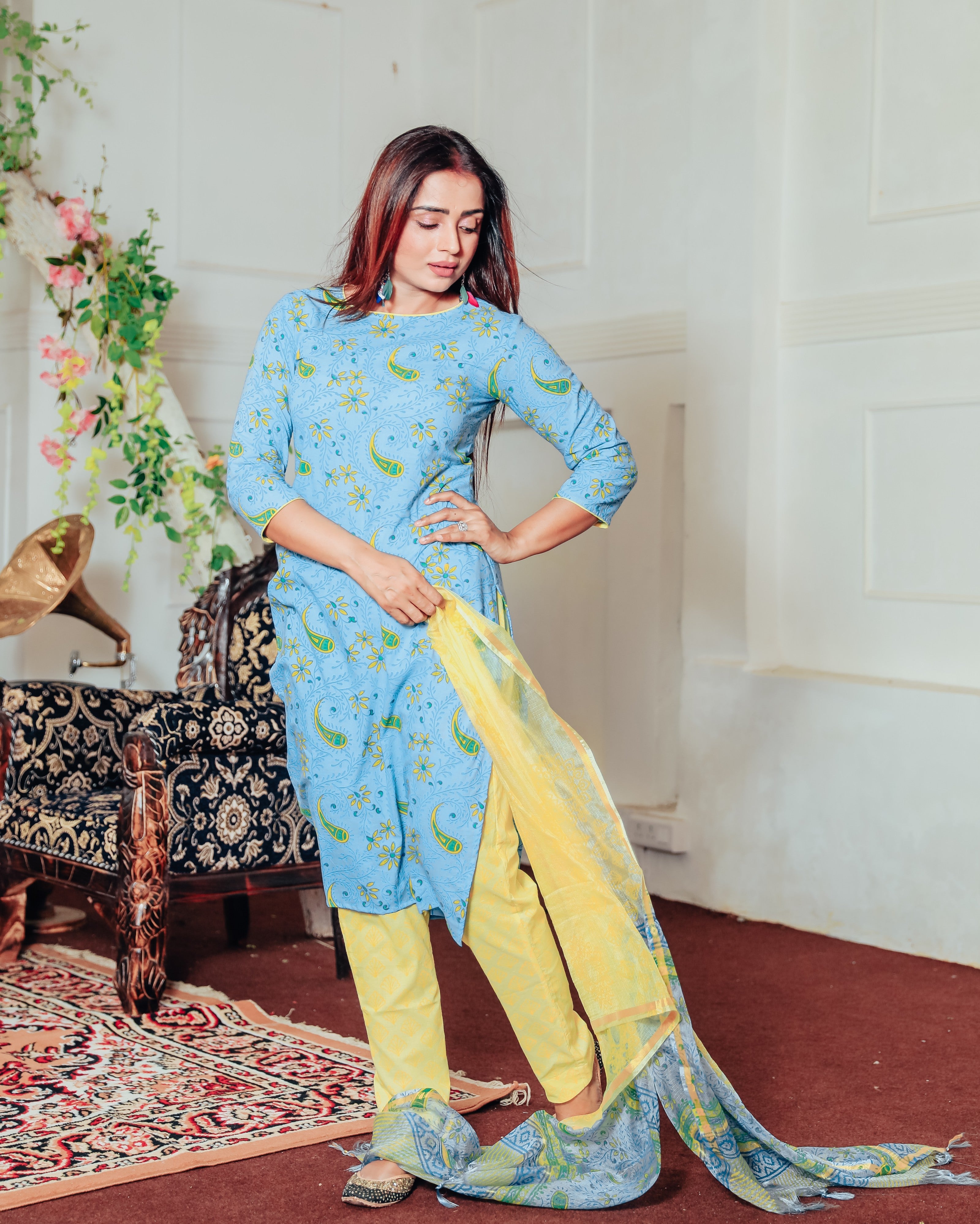 Teal Blue Handblock Suit With Dupatta