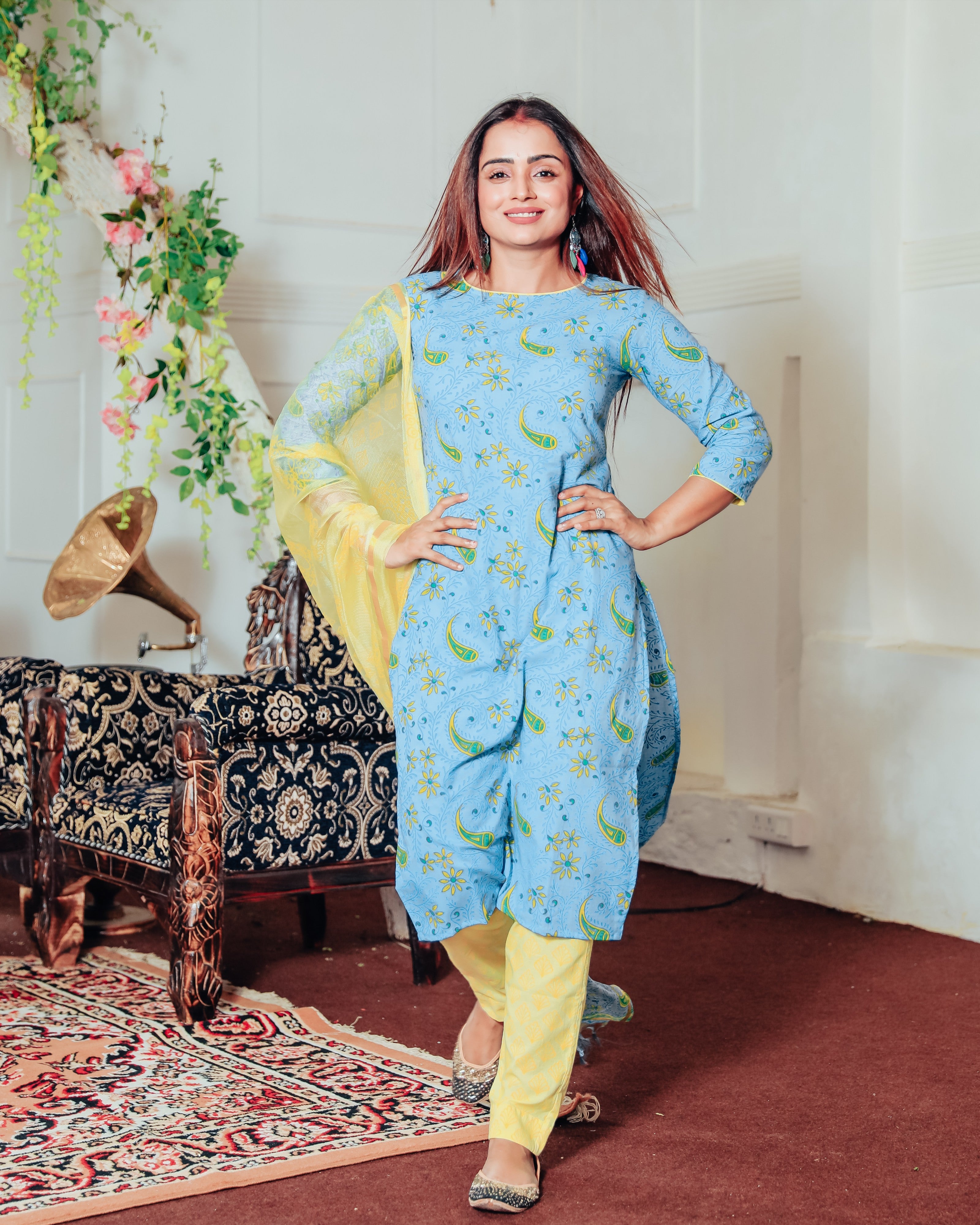 Teal Blue Handblock Suit With Dupatta