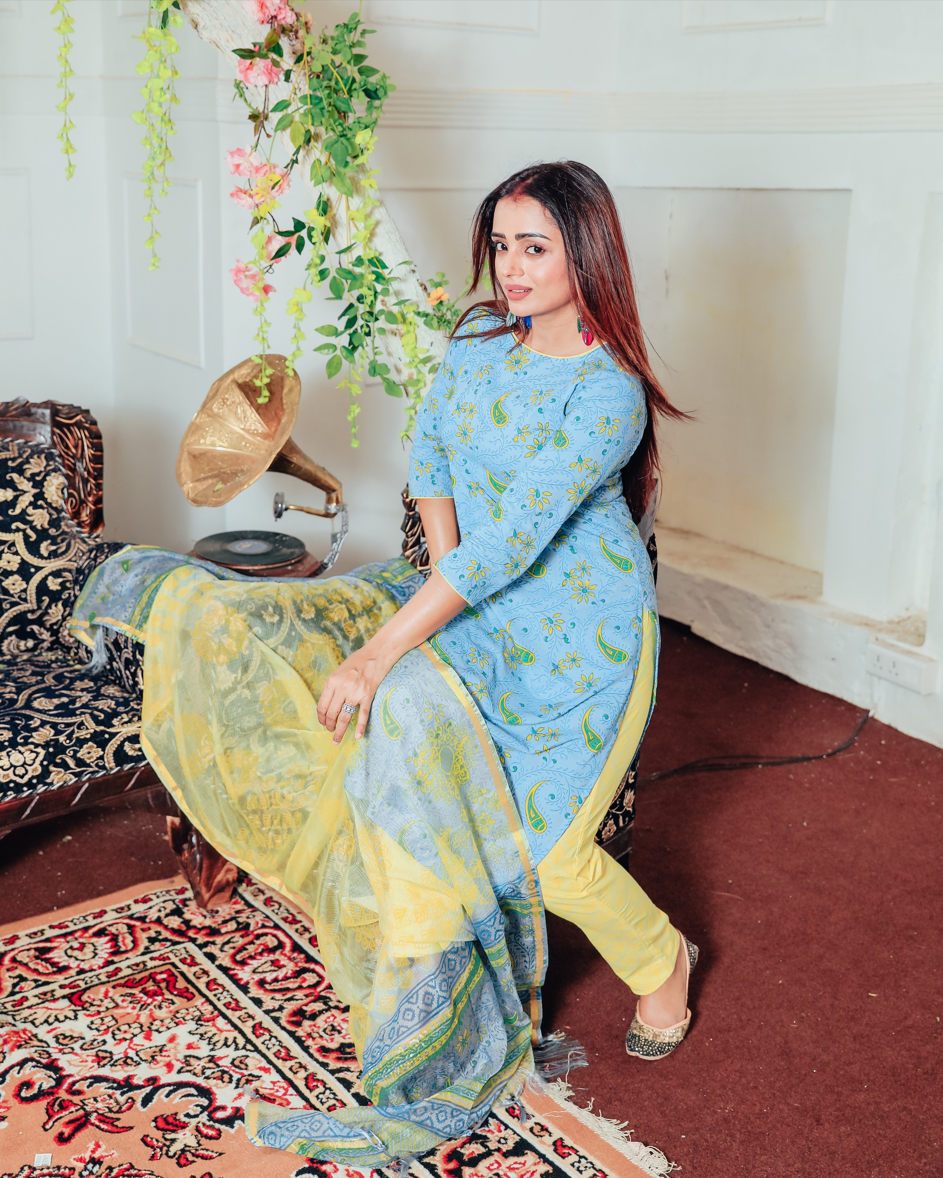 Teal Blue Handblock Suit With Dupatta