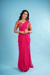 Pink Embellished Saree With Heavy Embroidered Stitched Blouse
