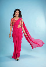 Pink Embellished Saree With Heavy Embroidered Unstitched Blouse