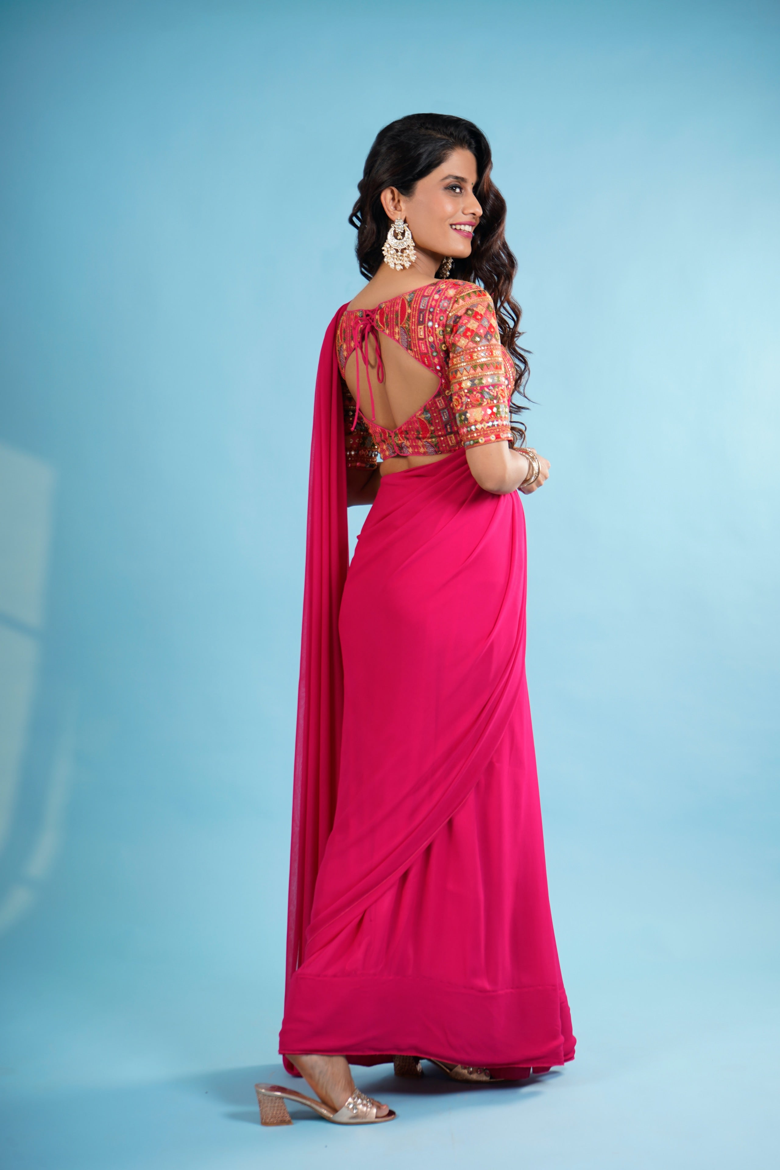 Pink Embellished Saree With Heavy Embroidered Unstitched Blouse