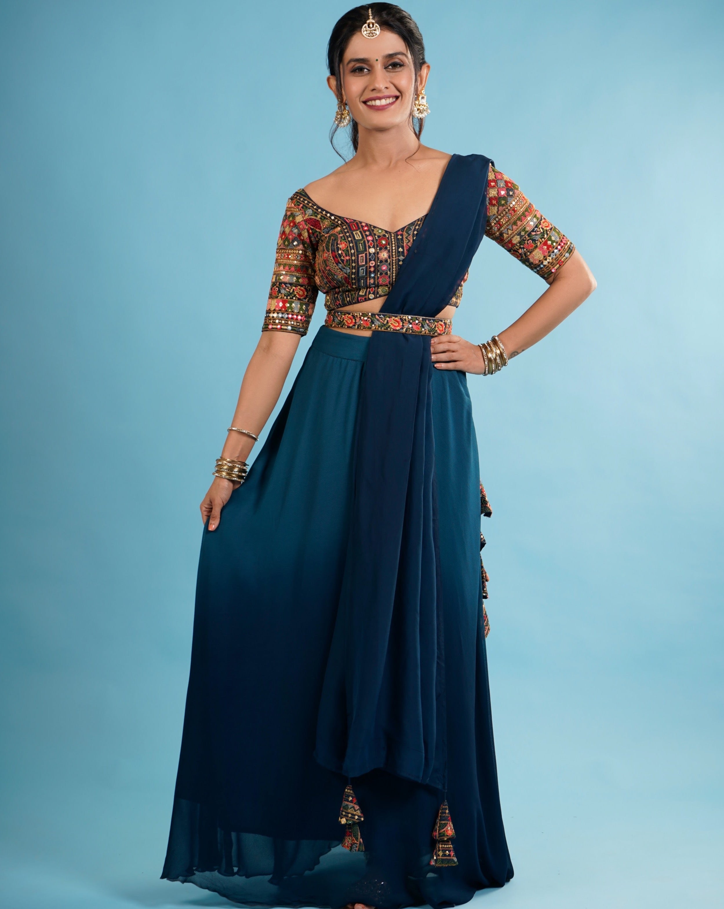 Noor Blue Lehenga Set With Embroidered Blouse