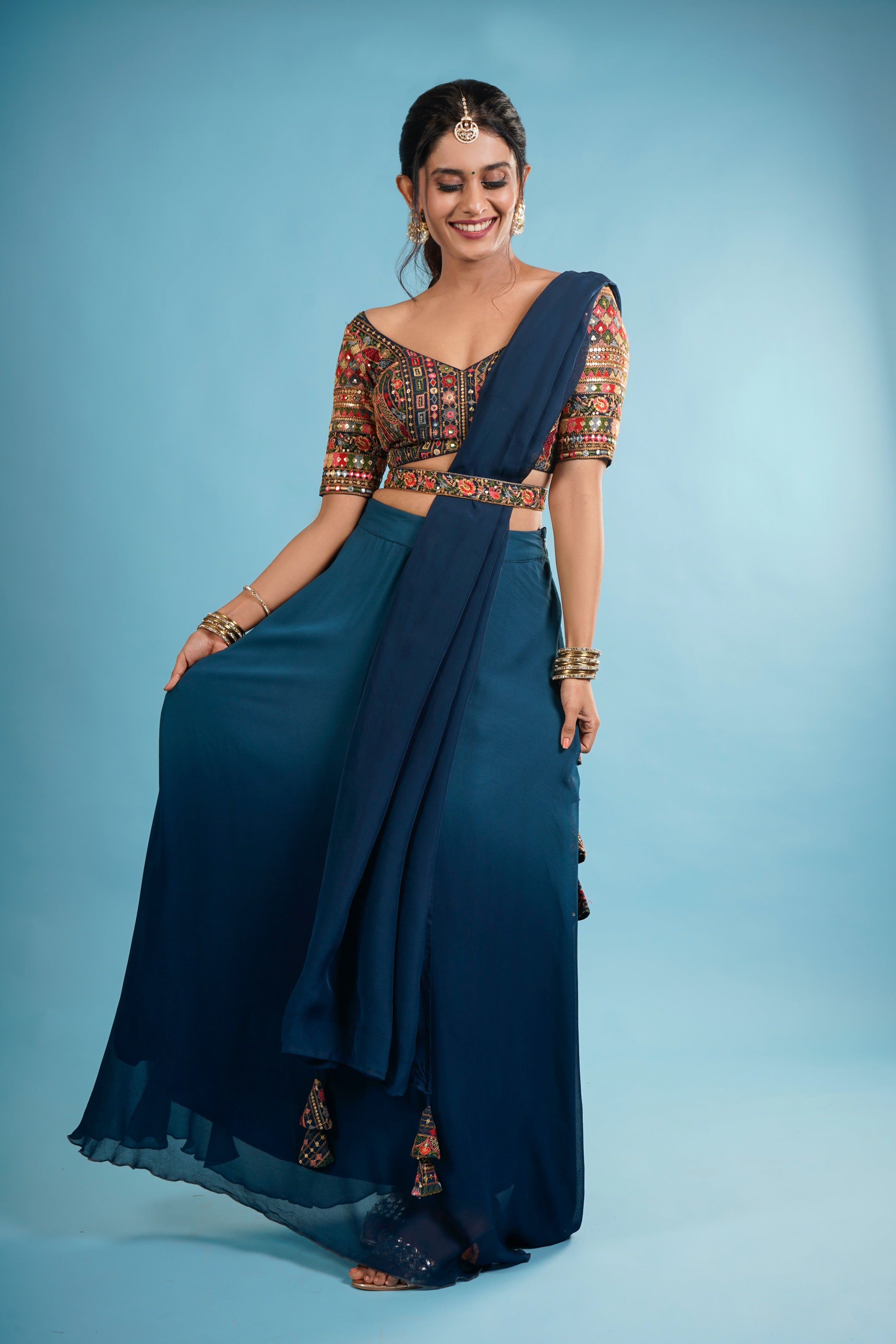 Noor Blue Lehenga Set With Embroidered Blouse