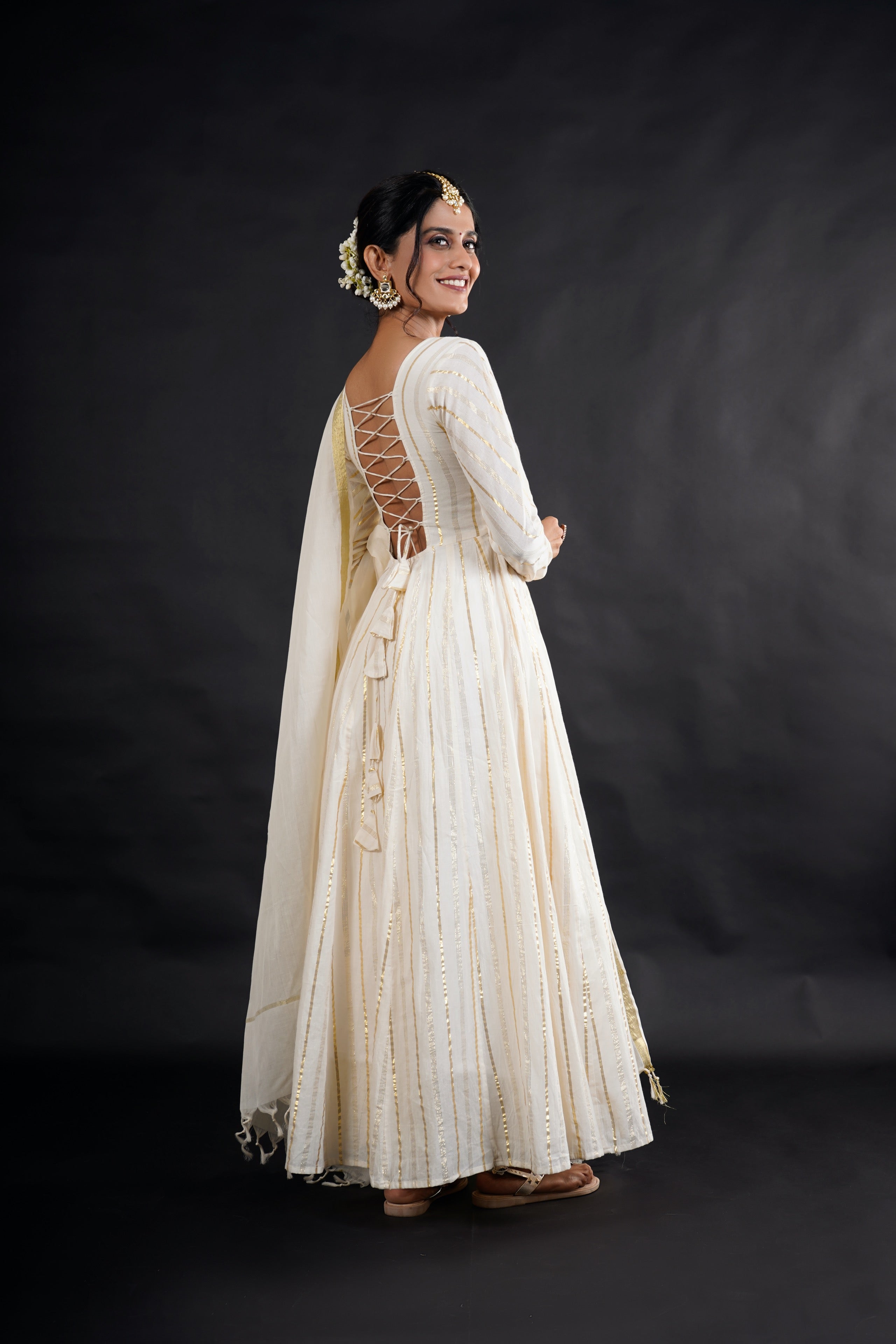 Gorgeous white cotton lurex Anarkali set