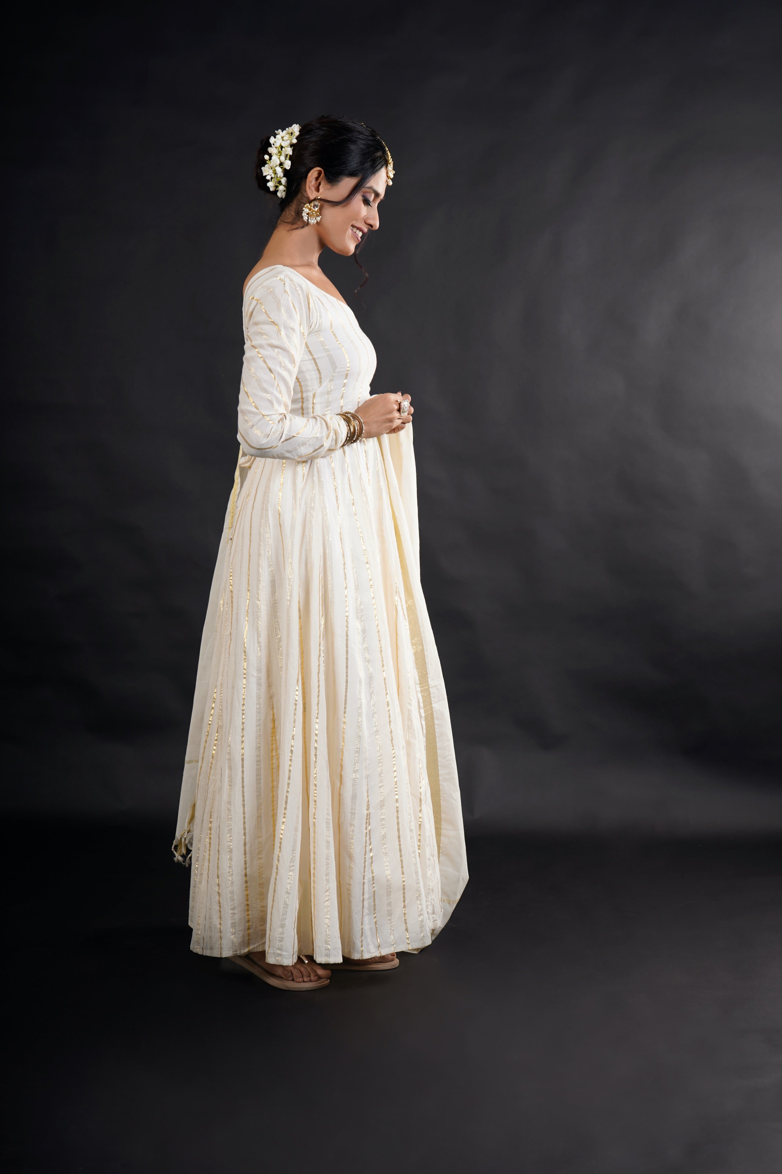 Gorgeous white cotton lurex Anarkali set