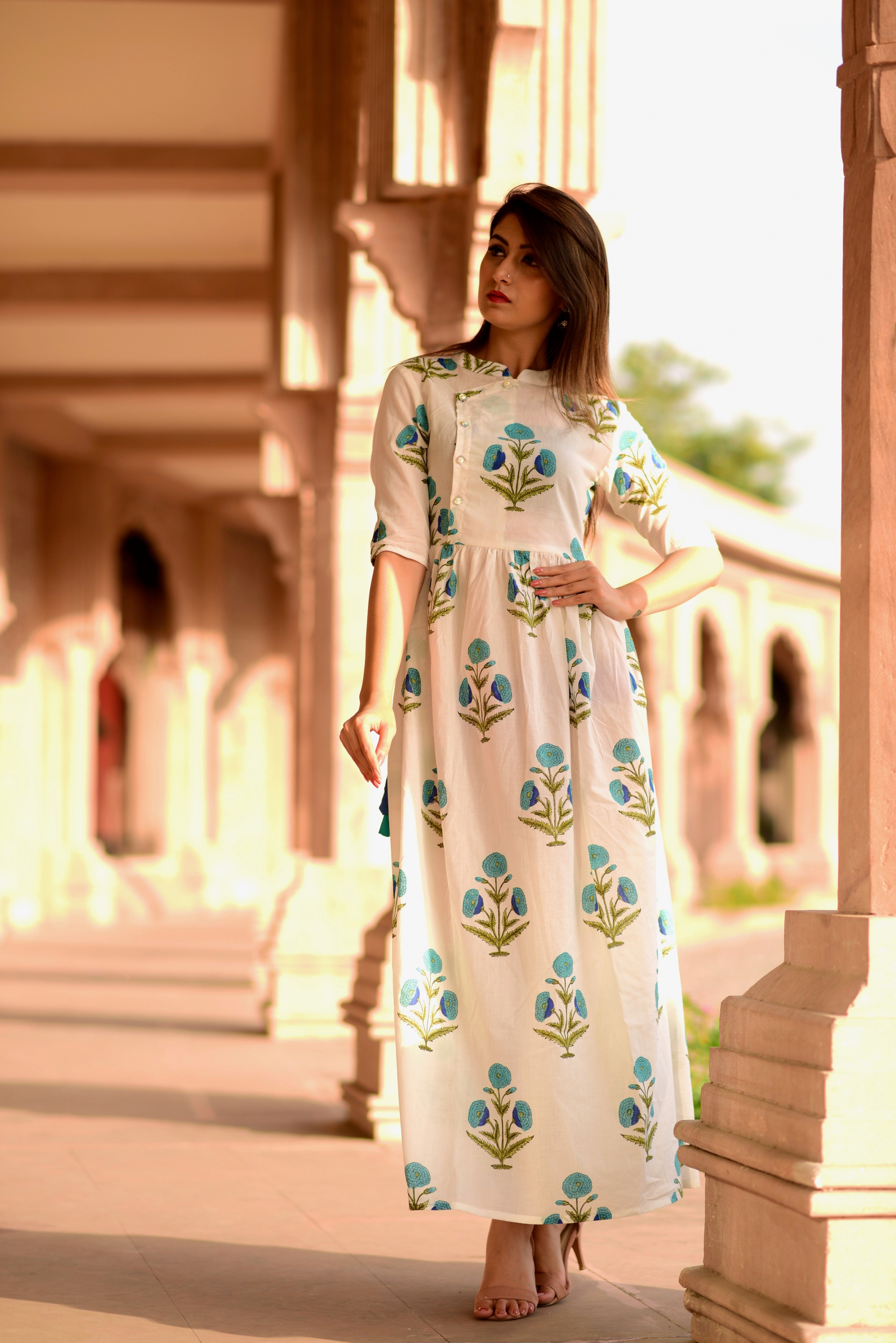 White & blue floral dress