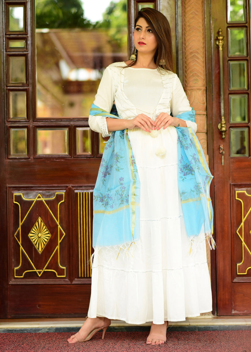 White Silver Gotta Dress With Pastel Dupatta
