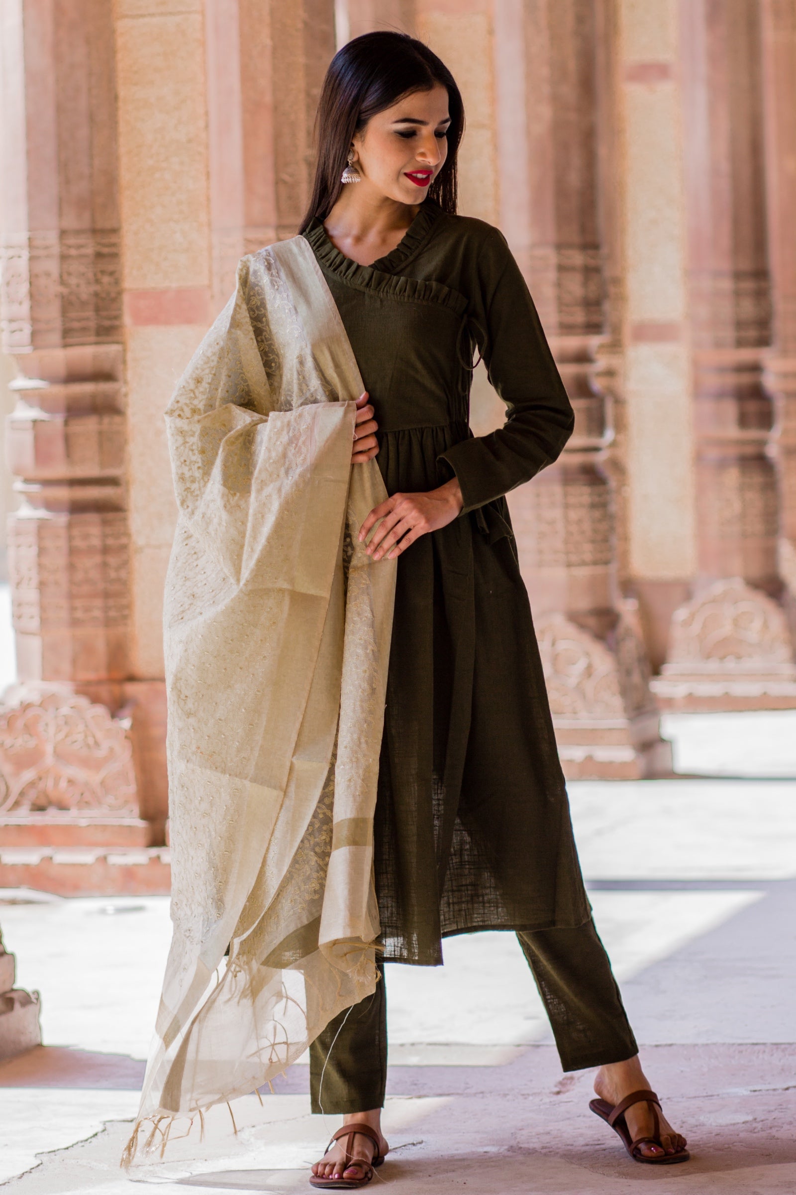 Nadiya Green Kurta Set With Cream Dupatta