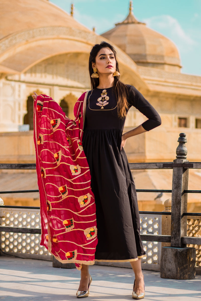 Pure Cotton Indo Era Black Printed Straight Kurta Trousers With Dupatta Set  at Rs 1057/piece in Surat