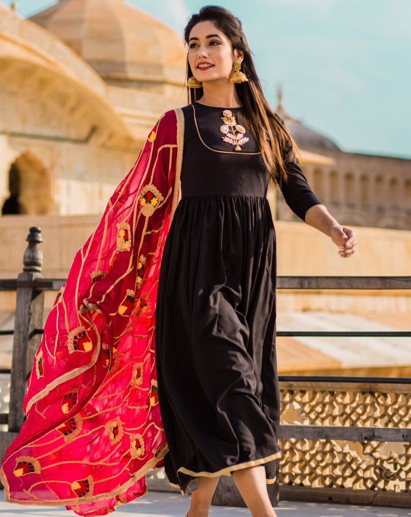 Printed Black Gown With Dupatta – Indian Rani