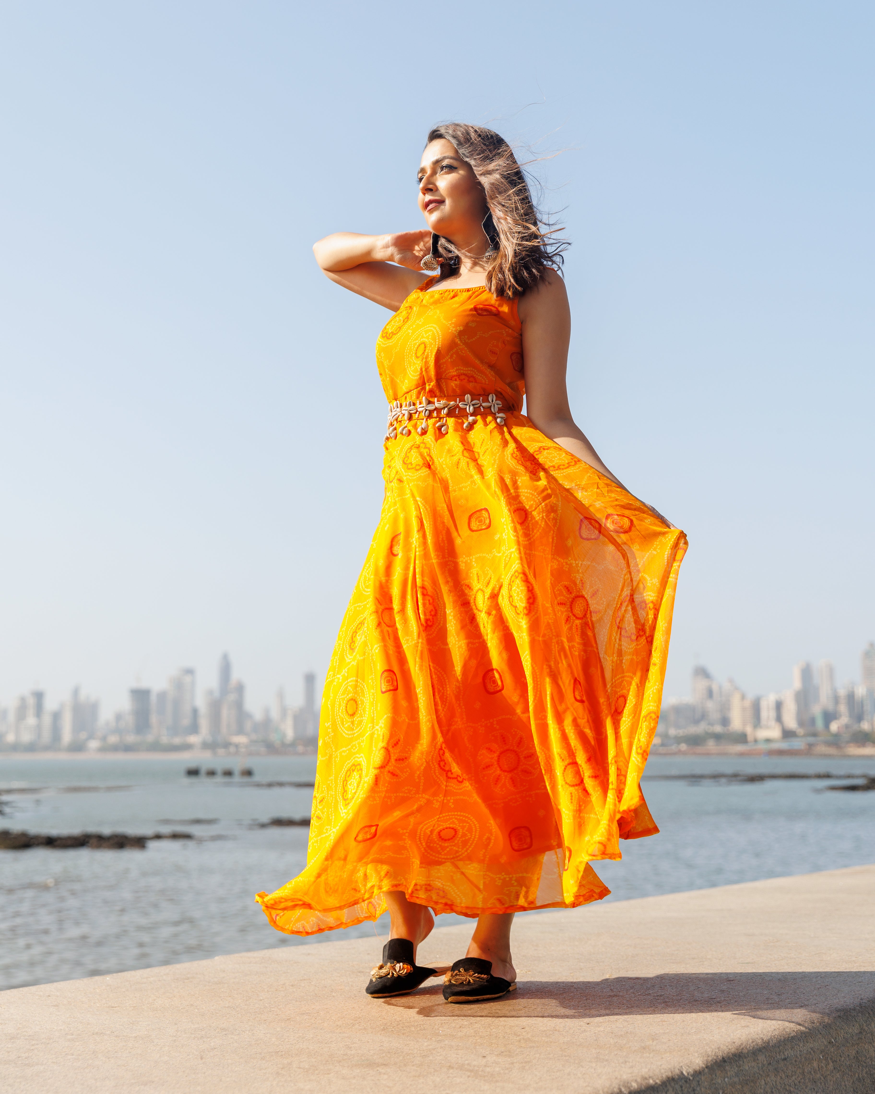 Poppy Orange Bandhej Dress With Belt