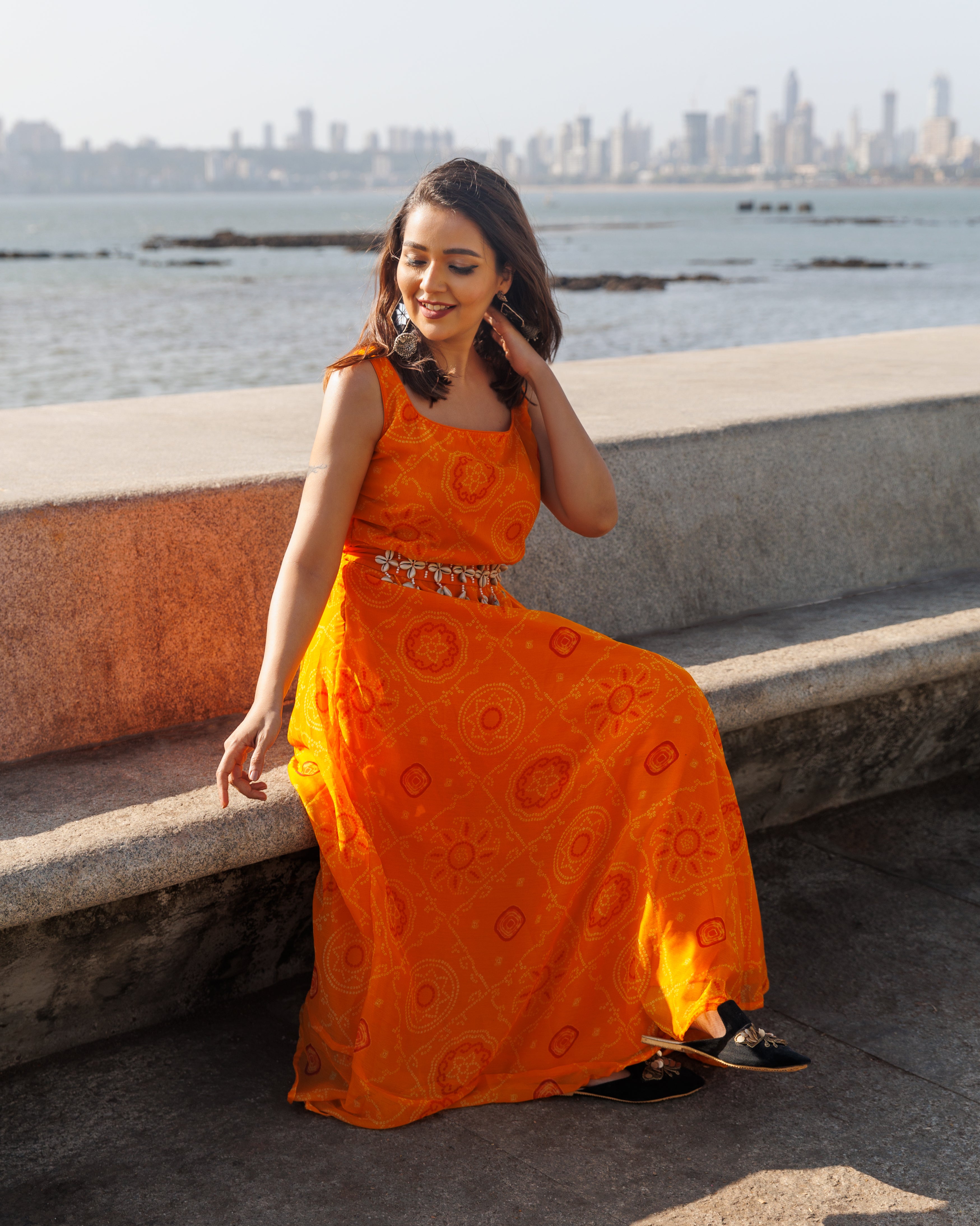 Poppy Orange Bandhej Dress With Belt