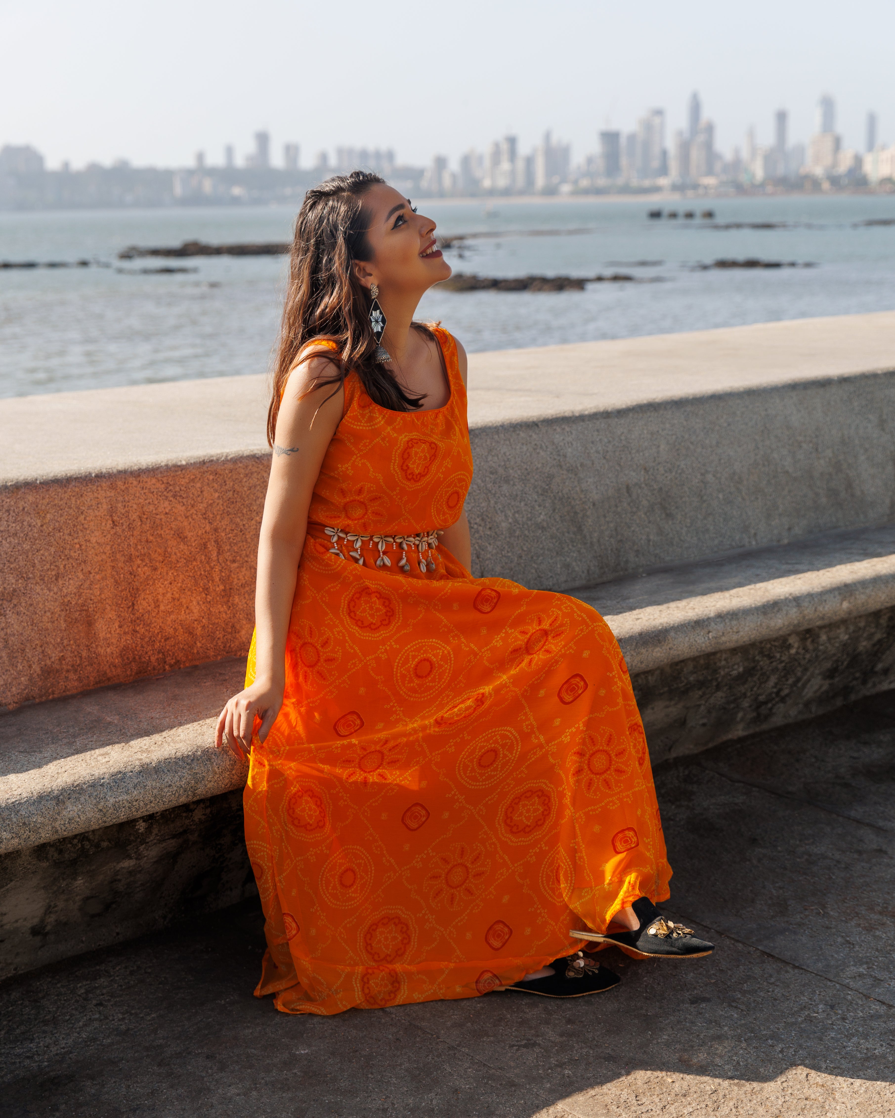 Poppy Orange Bandhej Dress With Belt