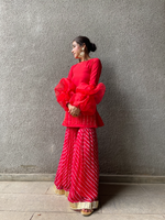 Red leheriya fusion suit set with Balloon sleeves