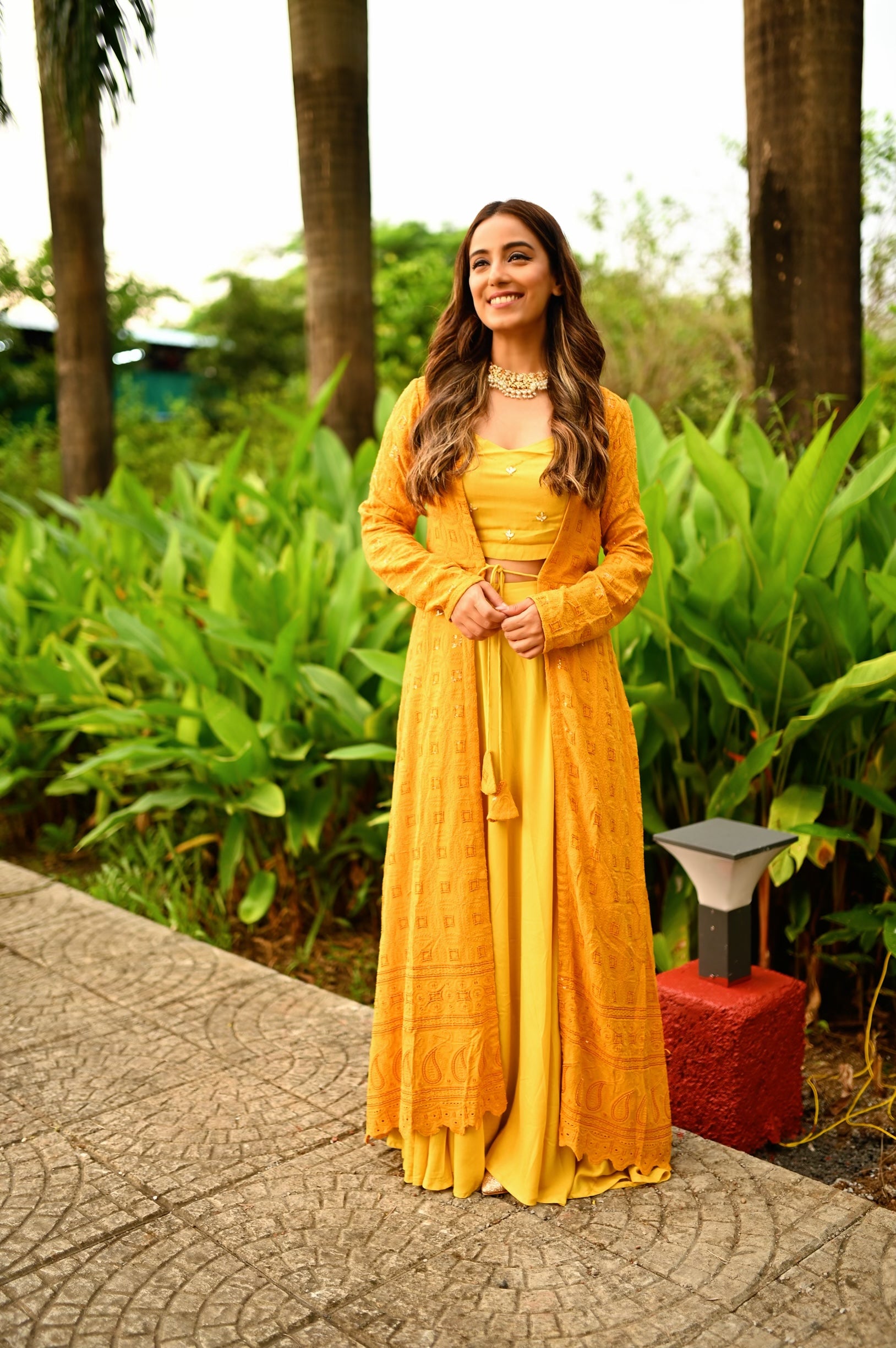 Mustard Yellow Chikankari Skirt Set With Jacket