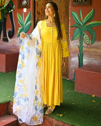 Yellow Organza Sleeves Pattern Suit Set