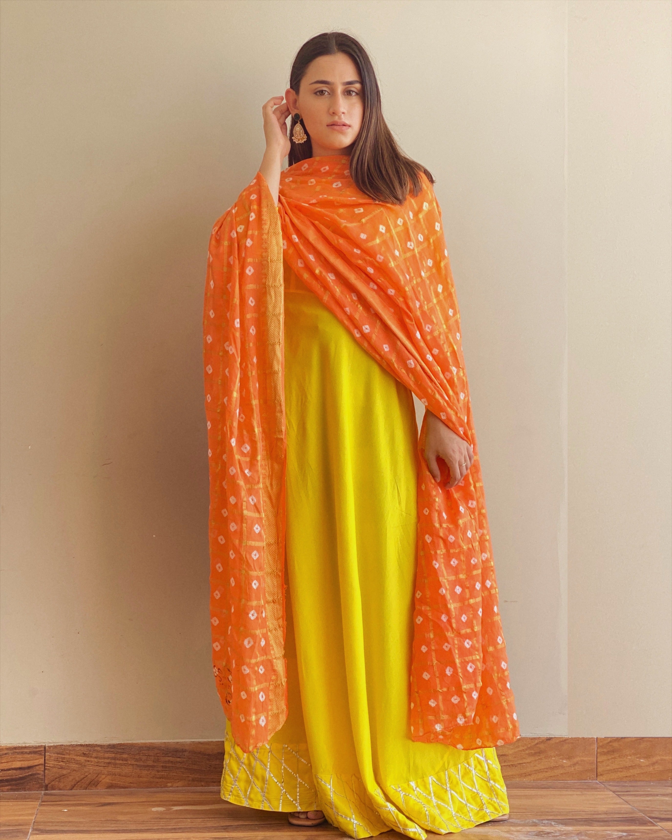 Shiny Yellow Maxi Dress With Dupatta