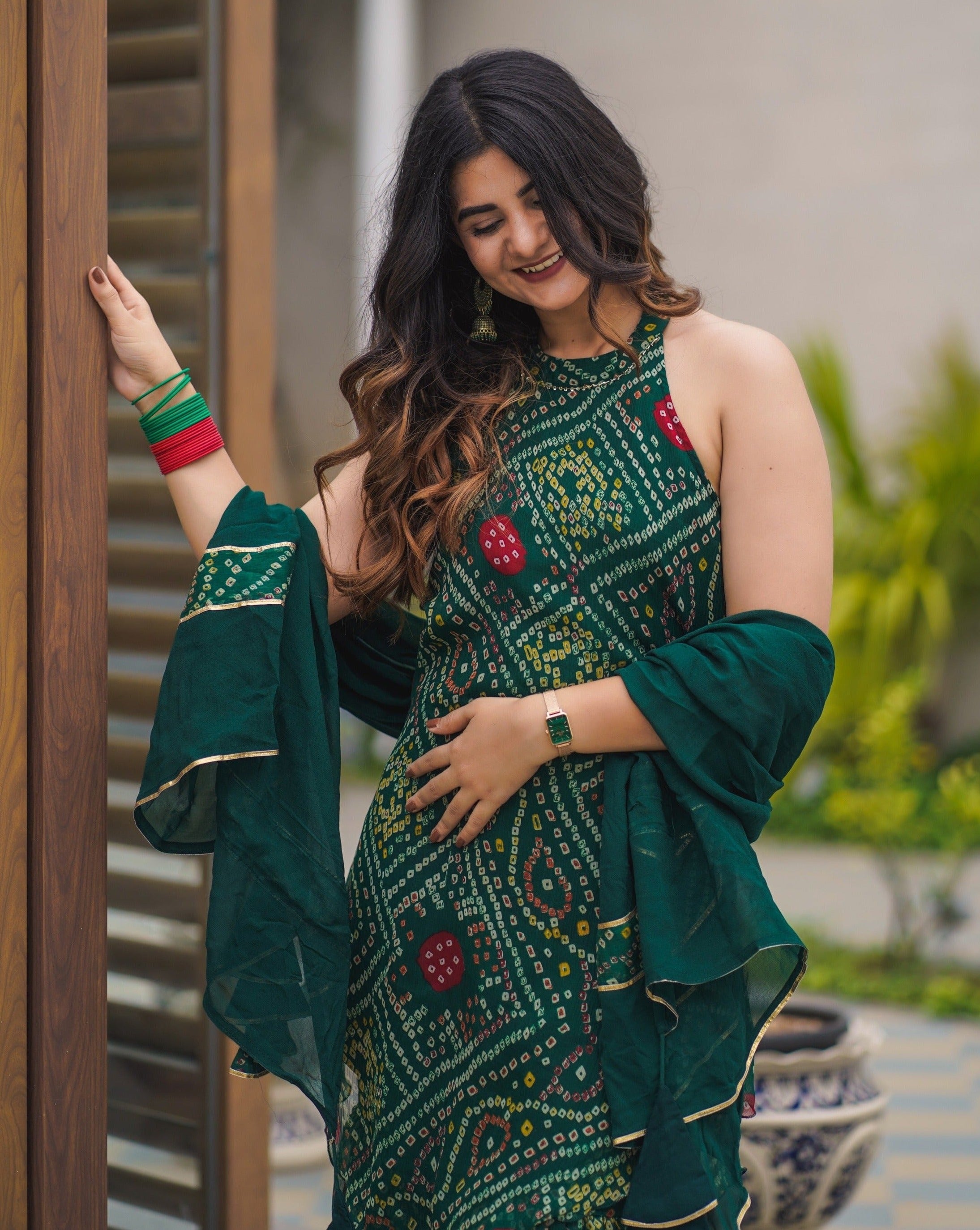 Veena Green Bandhej Suit Set